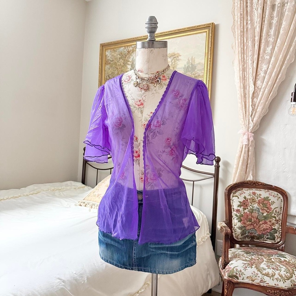 Y2K Midnight Hour size medium‎ purple open front flutter sleeve cardigan